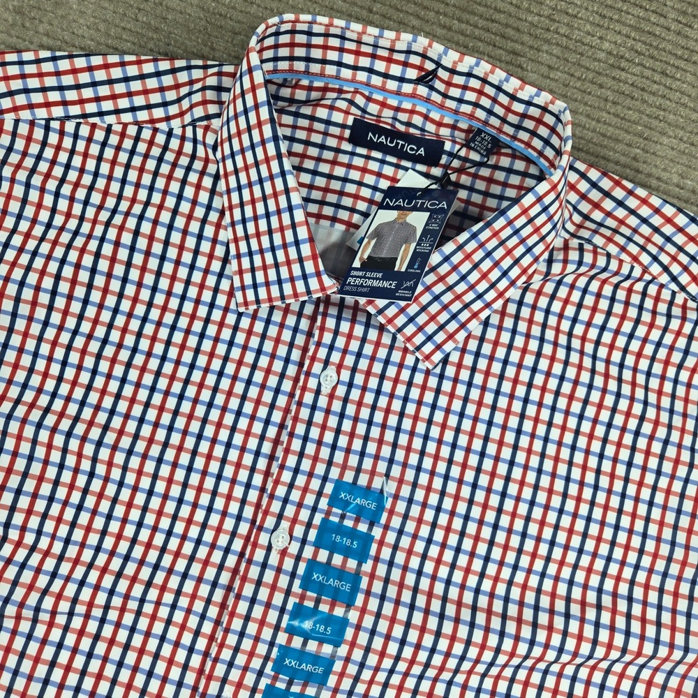 Nautica Mens XXL Red White Blue Performance Plaid Short Sleeve Button Down Shirt